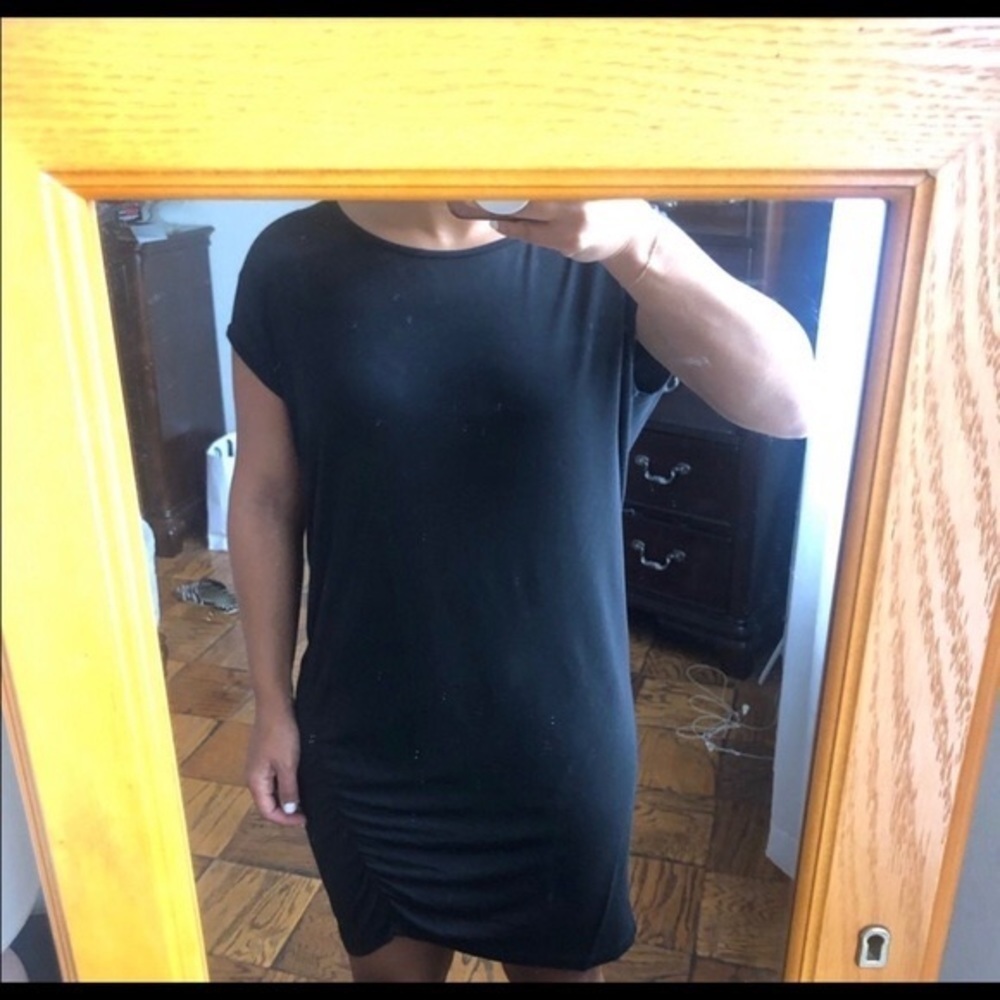 Vince Black Stretch Modal Wool Blend Diagonal Shirred T-Shirt Dress Size Small